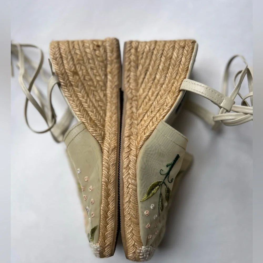 Simard embroidered Floral Ankle Tie Platform Espadrille Shoes Size 36